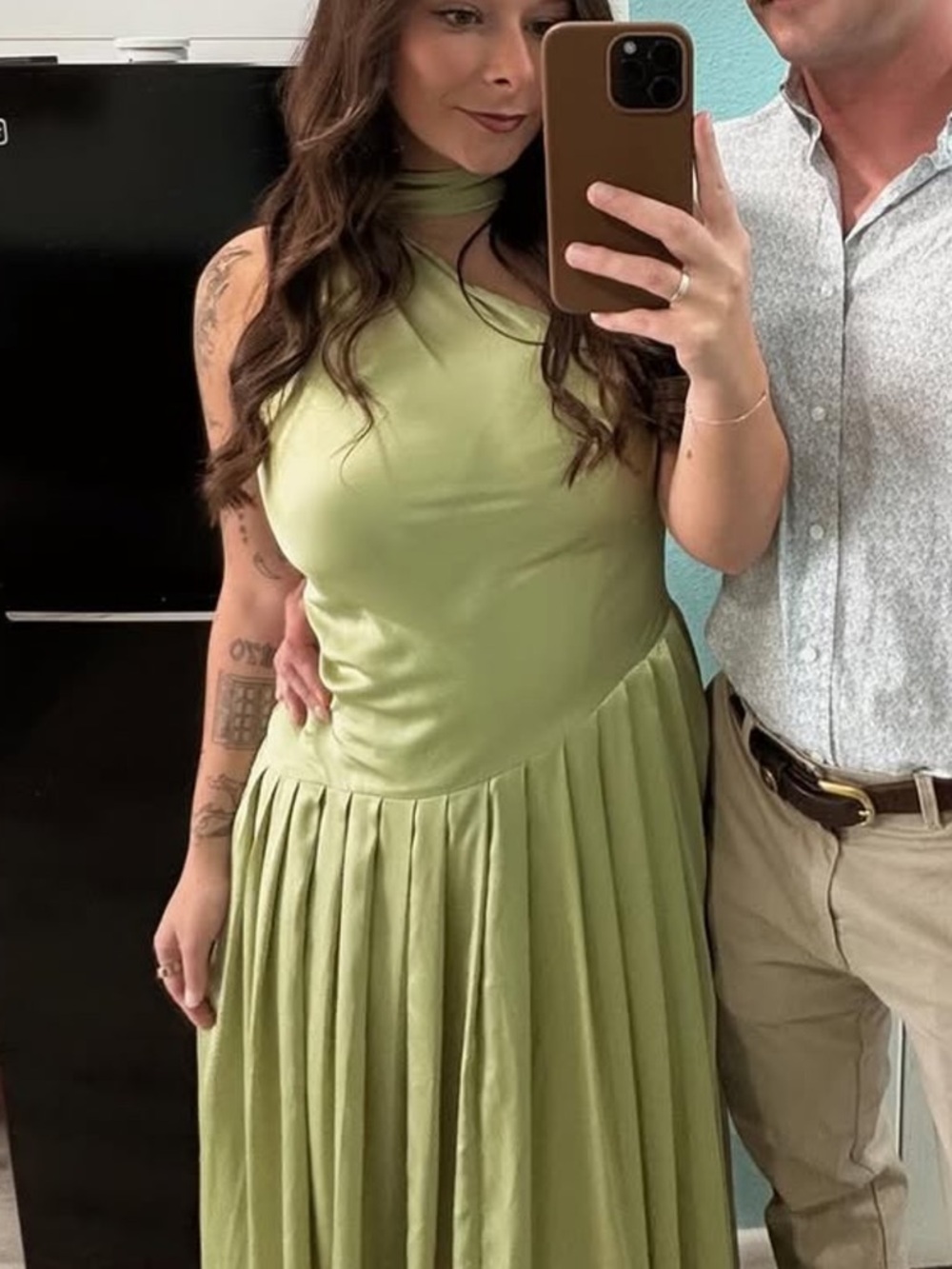 Anthropologie One-Shoulder Dress in Light Olive Green